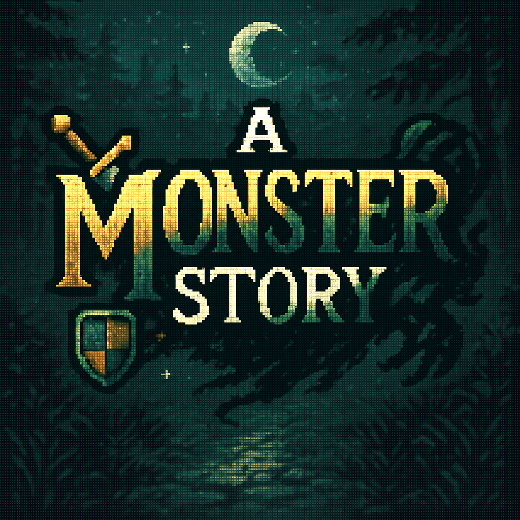 Title image of A Monster Story. Background: a dark, gloomy forest, a crescent moon and ominous shadows. The text is adorned with a sword and shield.